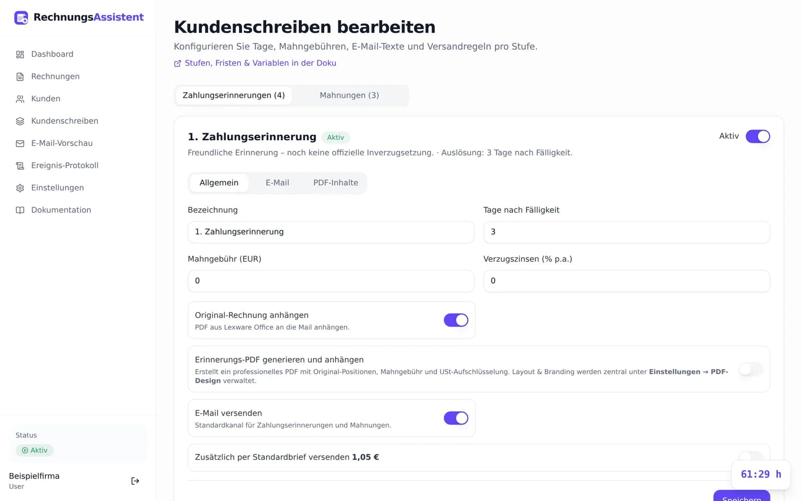 Bearbeitung der Mahnstufen mit Fristen und Texten