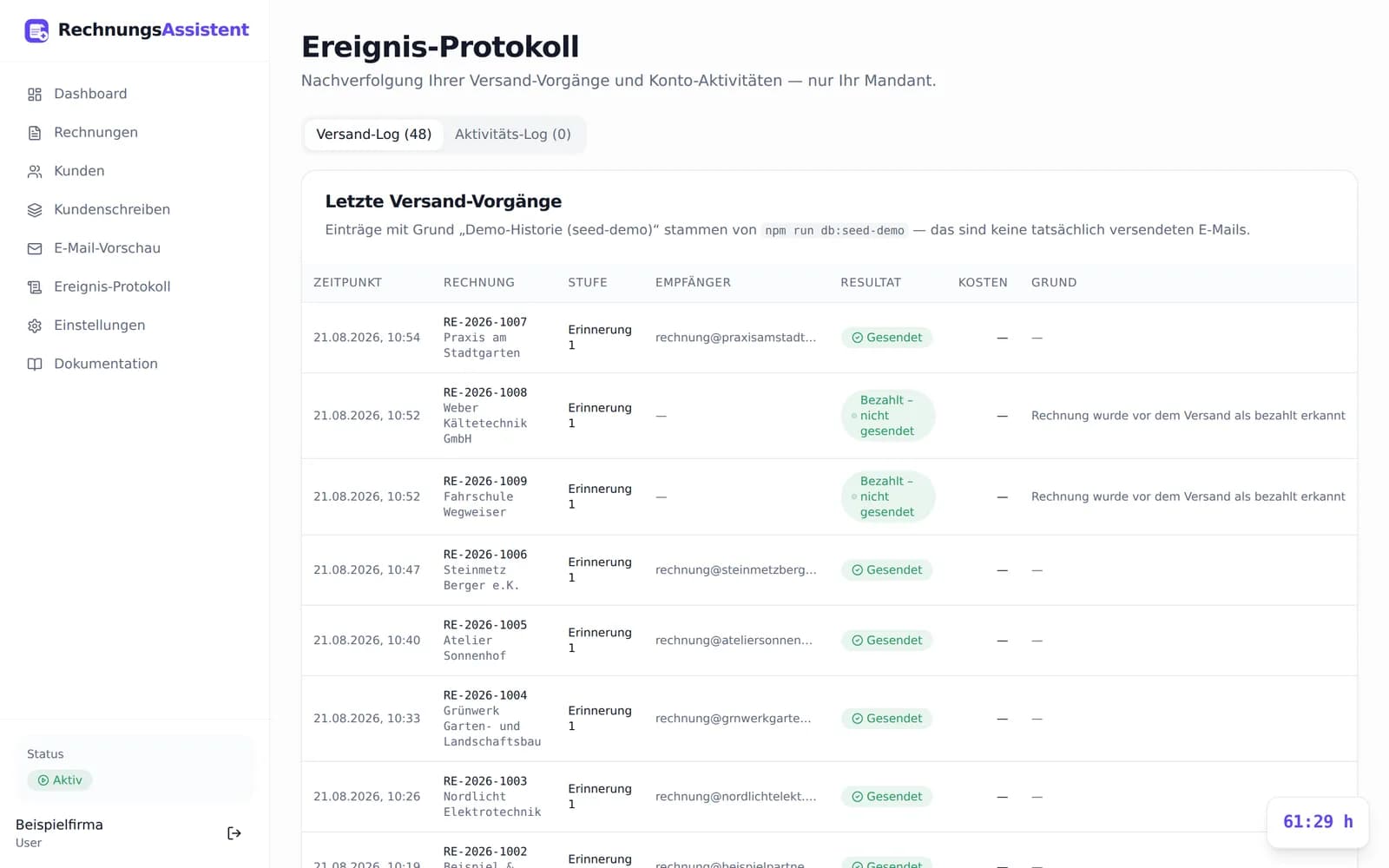 Ereignis-Protokoll mit allen versendeten Schreiben