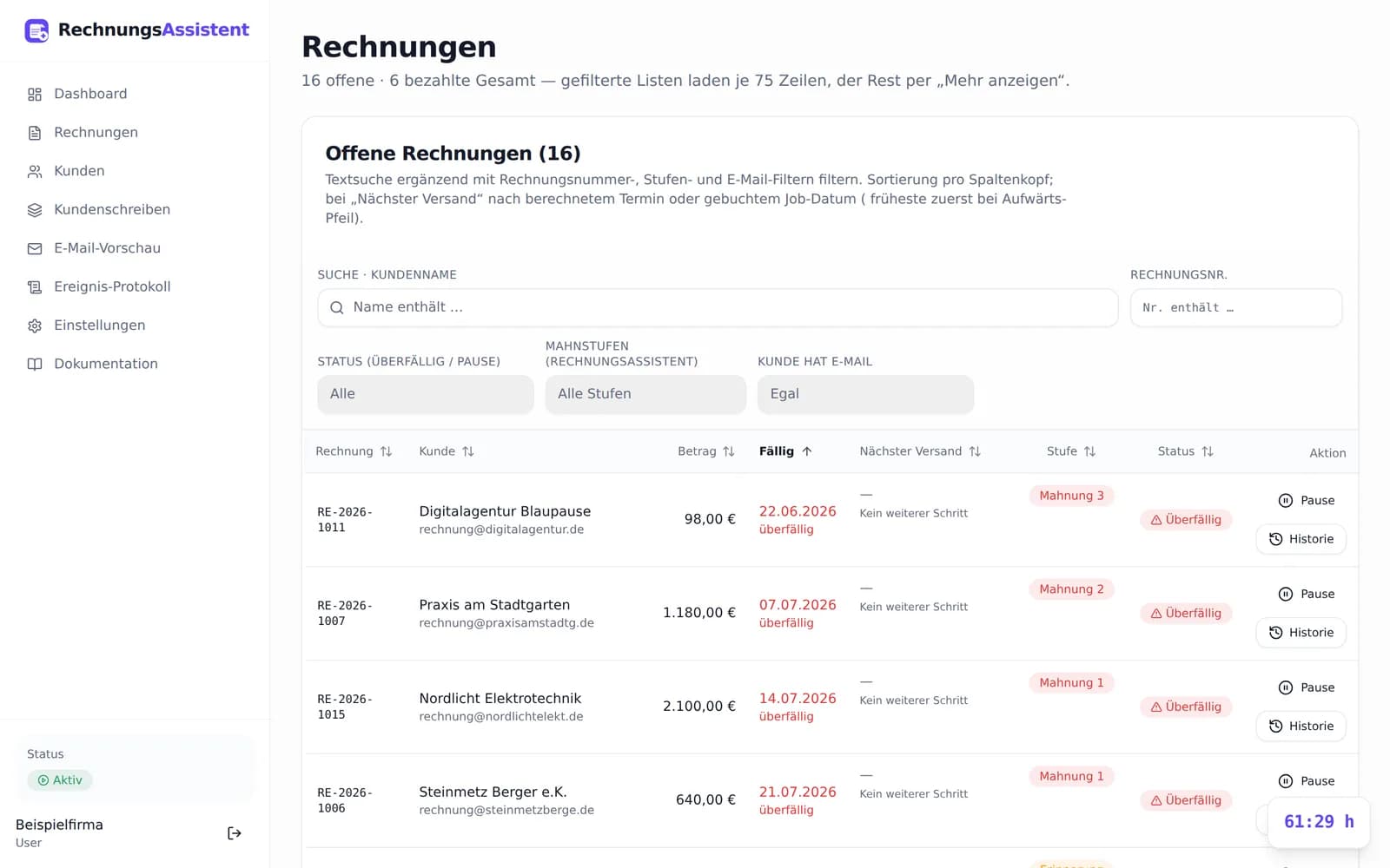 Liste offener Rechnungen mit Mahnstufe und Status